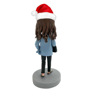 Custom Working Woman Bobblehead with Santa Hat