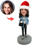 Custom Working Woman Bobblehead with Santa Hat